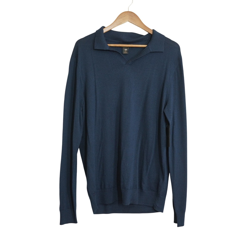 Lachlan Men's XL NEW 100% Merino Wool Polo Sweater Navy Blue Johnny Collar
